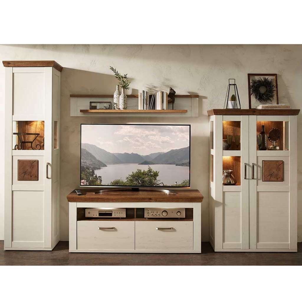 Wohnzimmer Schrankwand in Weiß und Wildeiche dunkel Landhausstil (4-teilig)