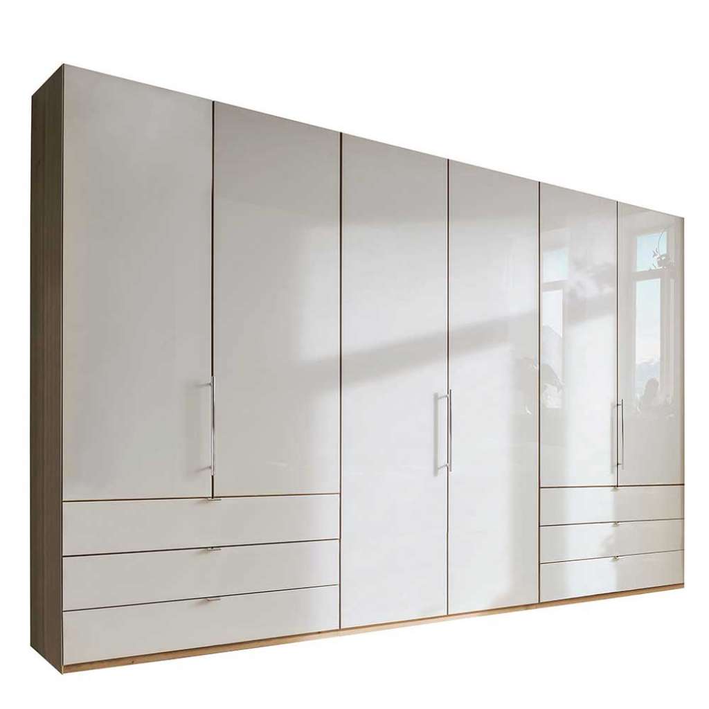 Falttürenschrank in Beige und Eiche Bianco sechs Schubladen
