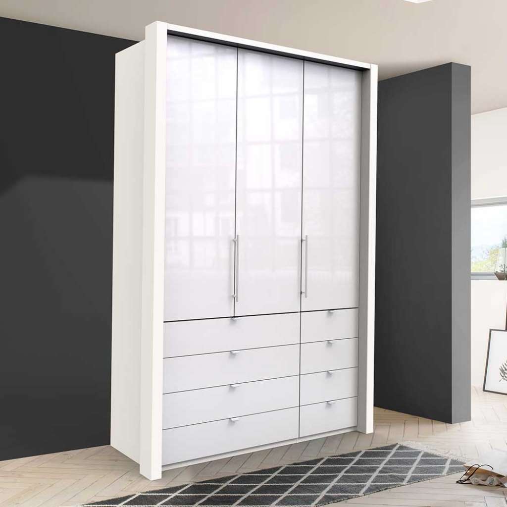Falttüren Kleiderschrank in Weiß Glas beschichtet acht Schubladen