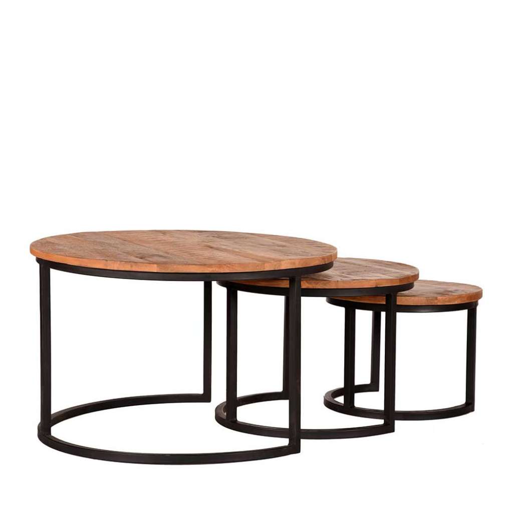Couchtisch Set aus Mangobaum Massivholz und Metall rund (3-teilig)