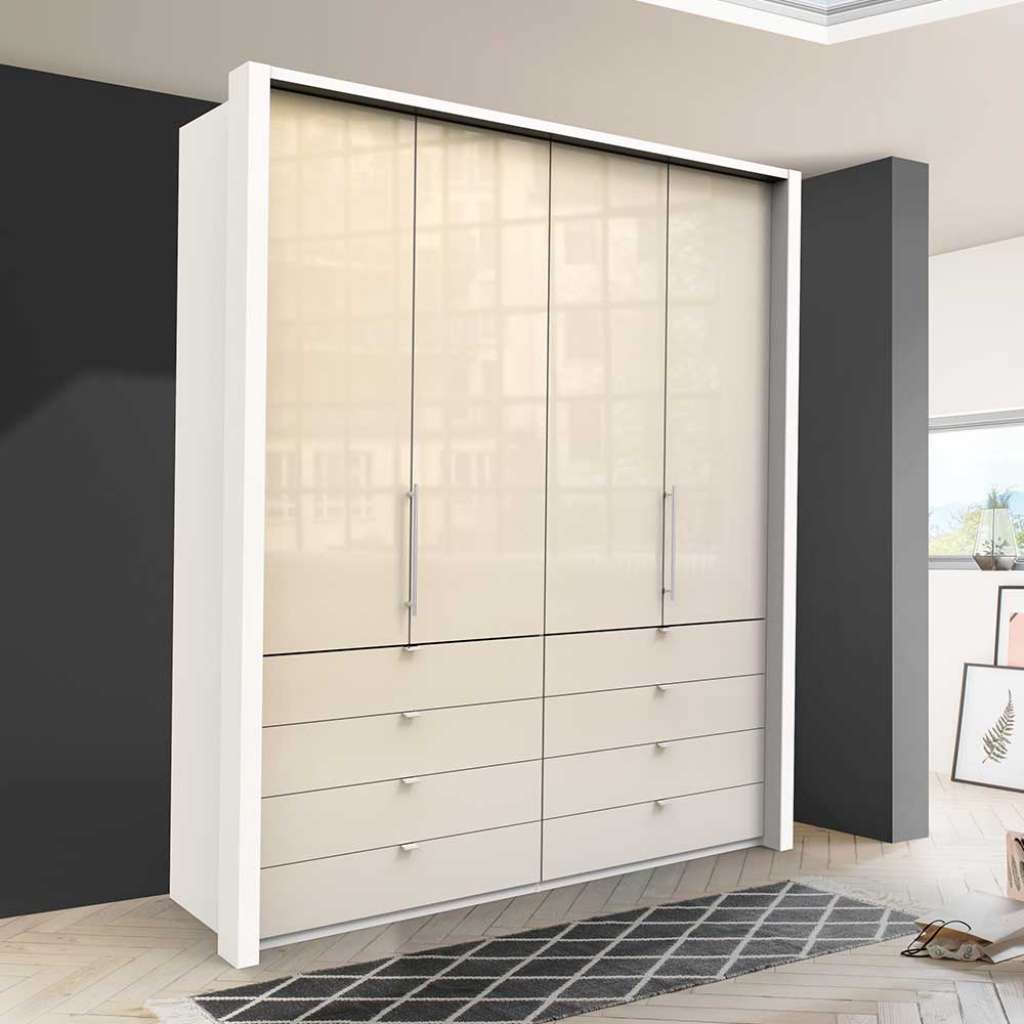 Jugend Kleiderschrank in Creme Weiß Glas beschichtet Falttüren