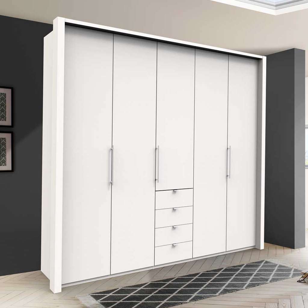 Schlafzimmerkleiderschrank in Weiß Falttüren und vier Schubladen