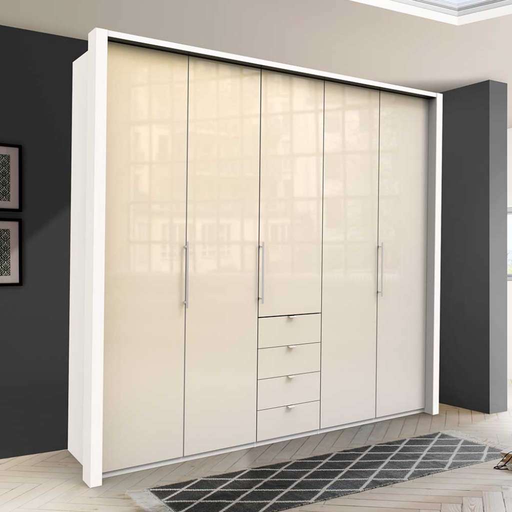 Design Schlafzimmerschrank in Creme Weiß Glas beschichtet Falttüren