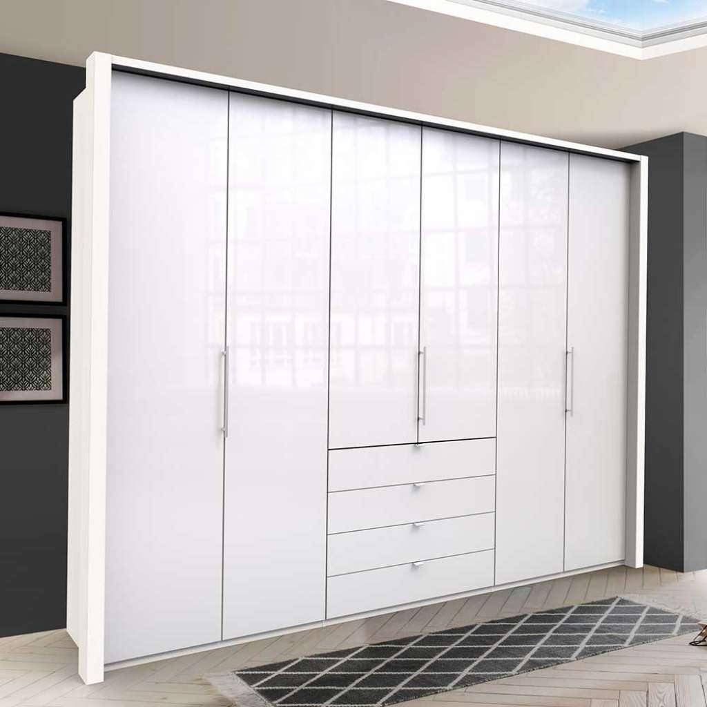 Großer Kleiderschrank in Weiß Glas beschichtet Falttüren und Schubladen
