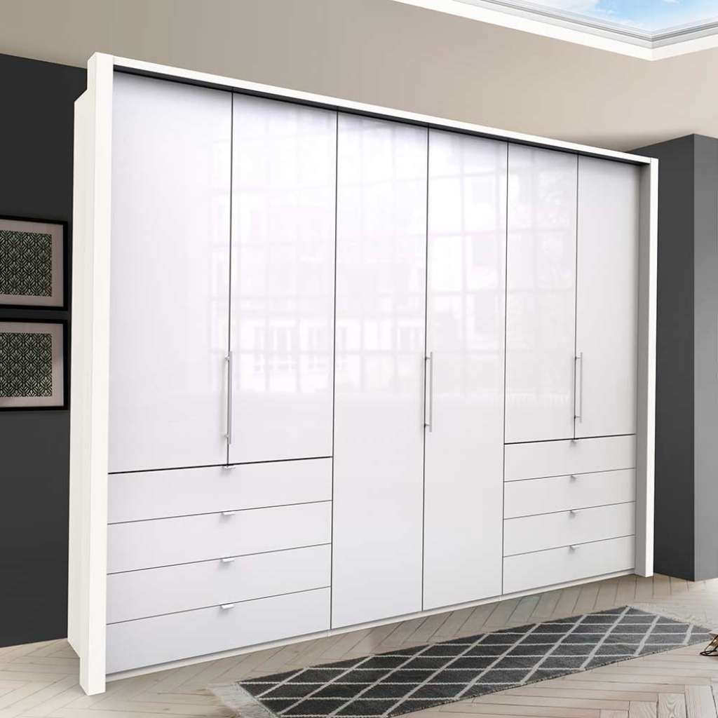 Falttüren Schlafzimmerschrank in Weiß Glas beschichtet acht Schubladen