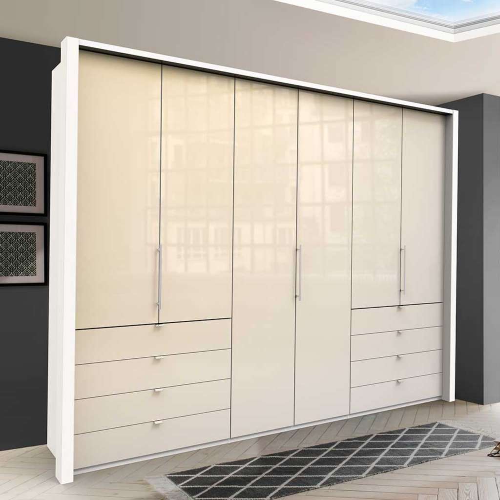 Schlafzimmerschrank in Creme Weiß Glas beschichtet Falttüren