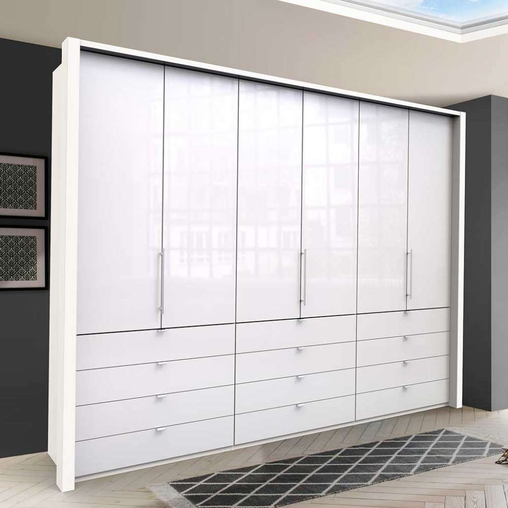 Riesiger Kleiderschrank in Weiß Glas beschichtet Falttüren und Schubladen