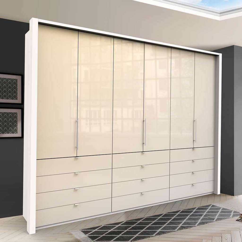 Schlafzimmerkleiderschrank in Creme Weiß Glas beschichtet Falttüren