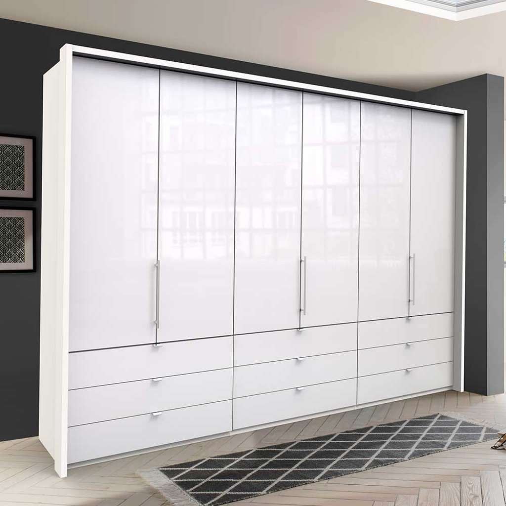 Weißer XL Falttürenankleideschrank mit neun Schubladen glasbeschichtet