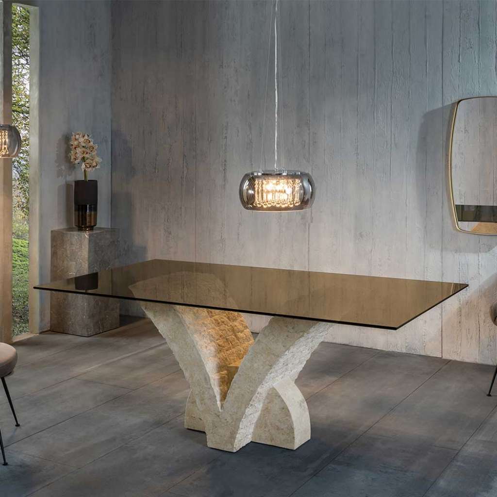 Design Esstisch in Bronze und Beige Glasplatte