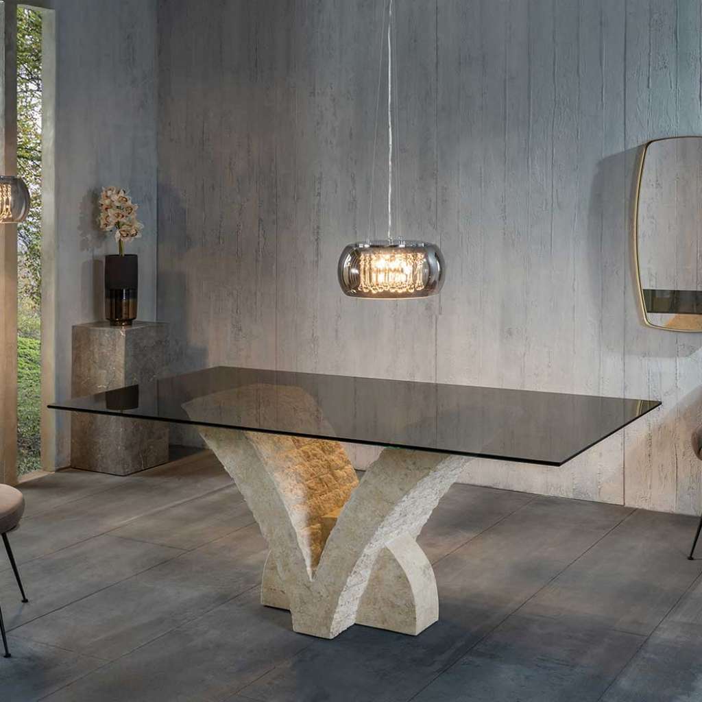 Glastisch in Grau und Beige Säulengestell
