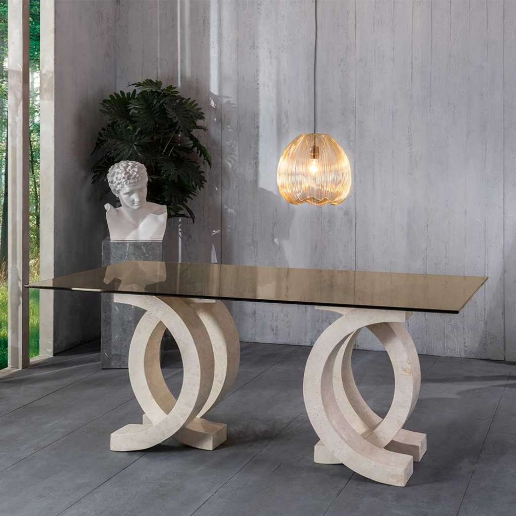 Design Esstisch in Bronze und Beige Glasplatte