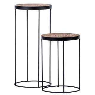 Runde Beistelltische in Teakfarben Massivholzplatte und Metallgestell (2-teilig)