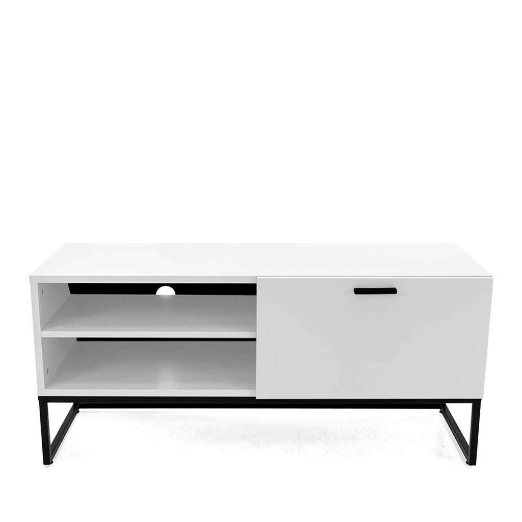 Weiß Schwarzes TV Board mit Klappe und Gerätefächer Skandi Design