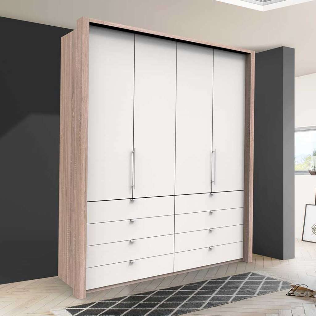 Jugendkleiderschrank mit Falttüren und Schubladen Weiß Eiche Sägerau