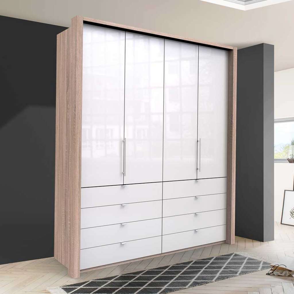Gleittüren Kleiderschrank mit acht Schubladen Weiß Eiche Sägerau
