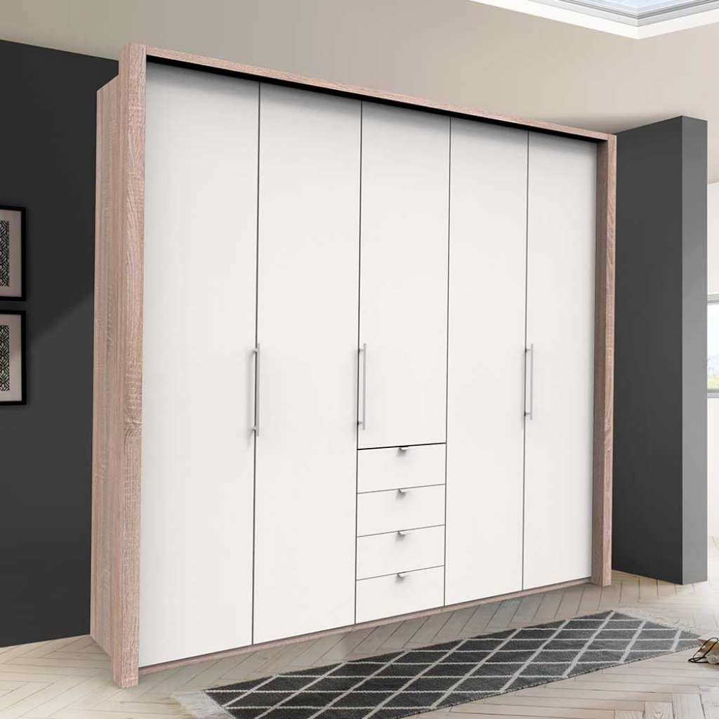 3 türiger Schlafzimmerkleiderschrank mit Schubladen Weiß Eiche Sägerau
