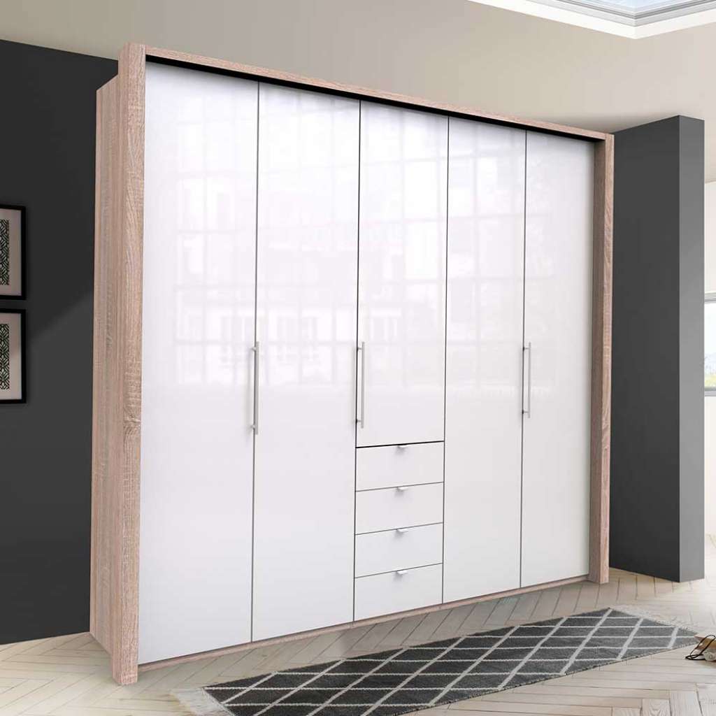 Eleganter Kleiderschrank 3 türig mit vier Schubladen glasbeschichtet