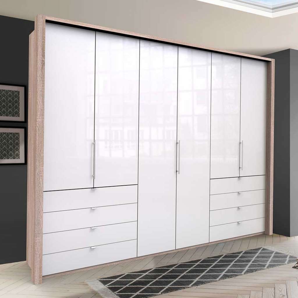 Kombi Schlafzimmerschrank in Weiß und Eiche Sägerau glasbeschichtet