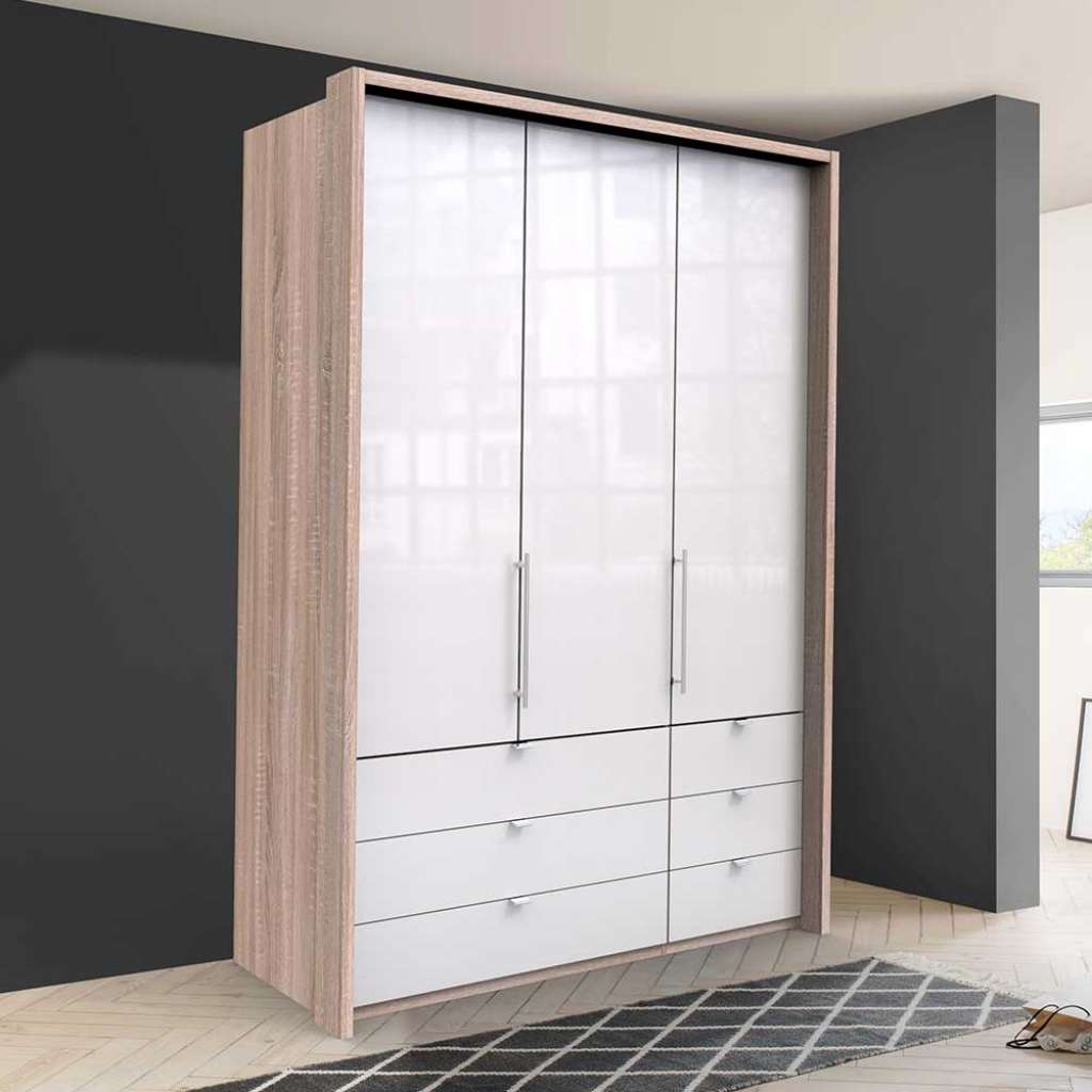 2 türiger Schlafzimmerschrank mit sechs Schubladen Weiß Eiche Sägerau