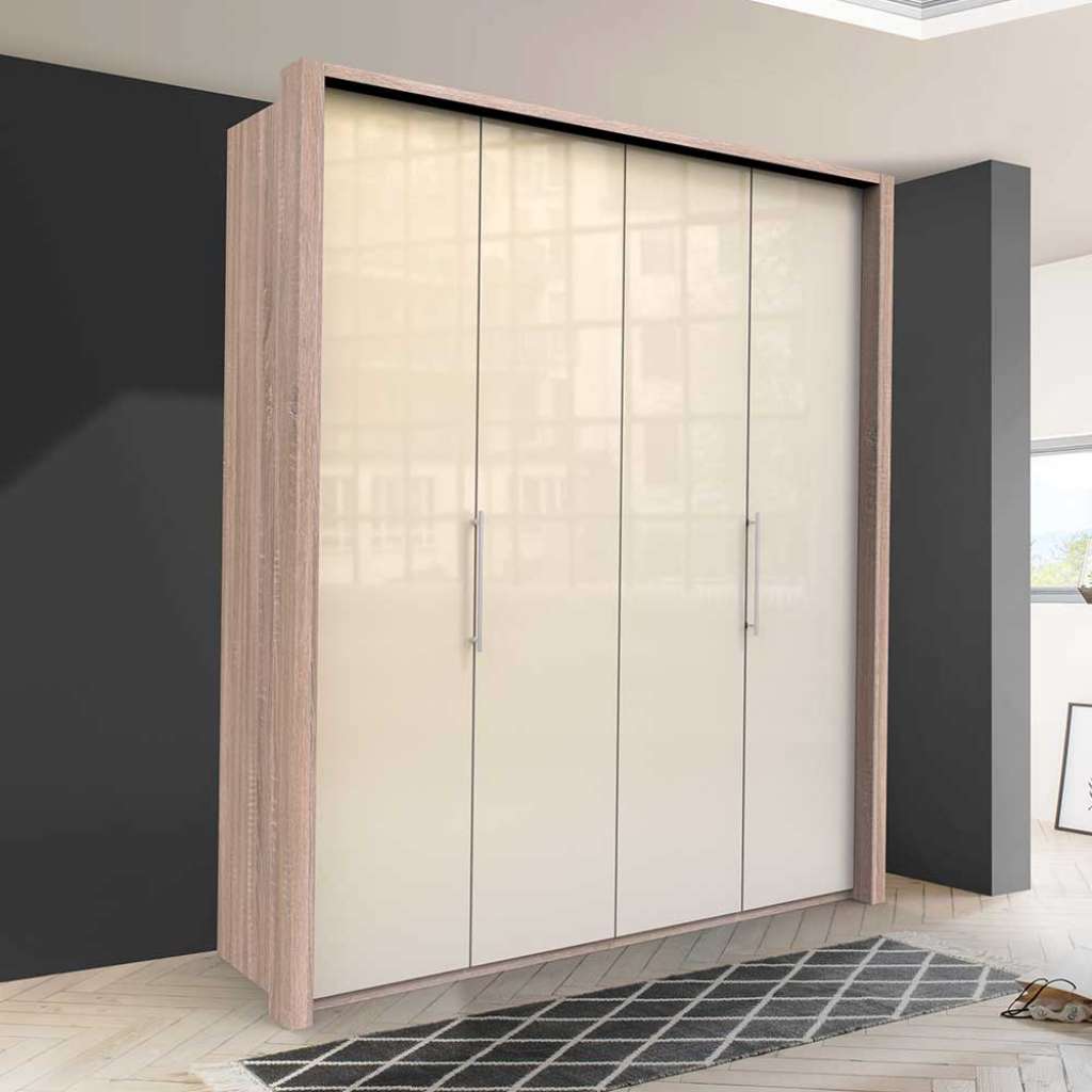 Glasbeschichteter Kleiderschrank mit Falttüren Cremefarben Eiche Sägerau