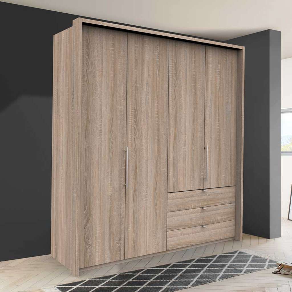 Moderner Kleiderschrank mit Falttüren und drei Schubladen Eiche Sägerau