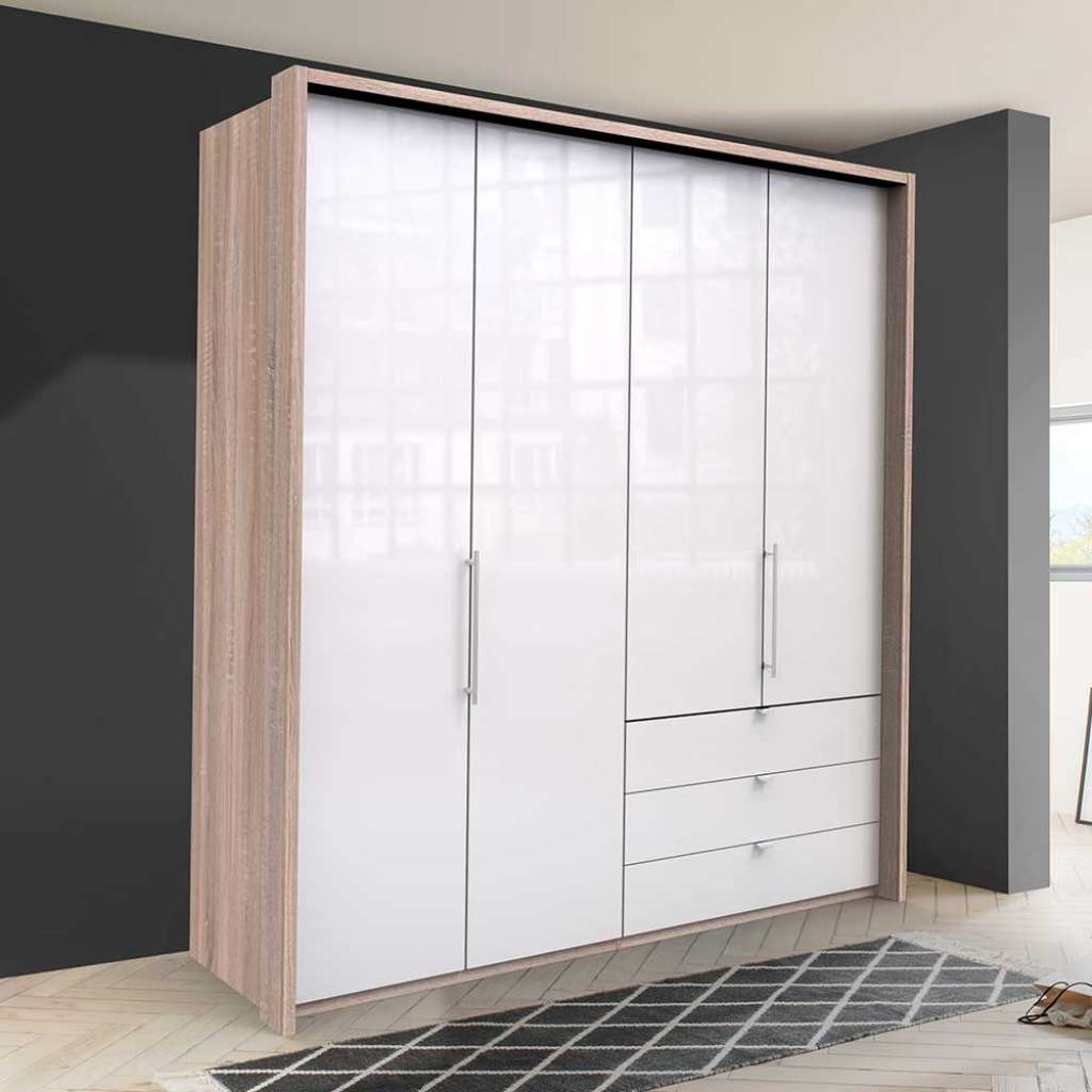 Moderner Falttüren Schrank in Weiß Eiche Sägerau glasbeschichtet