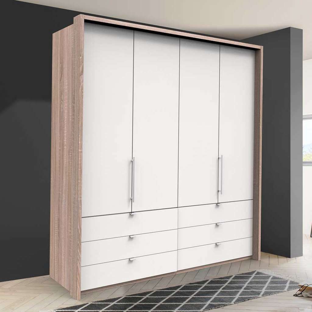 Gleittüren Kleiderschrank mit sechs Schubladen Weiß Eiche Sägerau