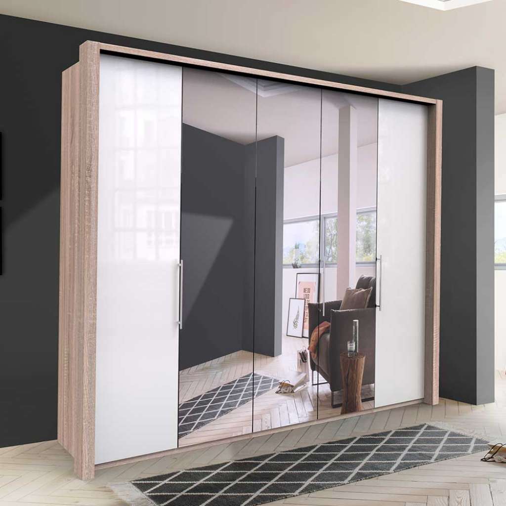 Premium Kleiderschrank mit Spiegel Eiche Sägerau und Weiß