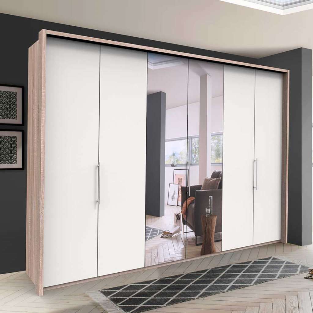 Panorama Schlafzimmerschrank mit Falttüren und Spiegel Weiß Eiche Sägerau