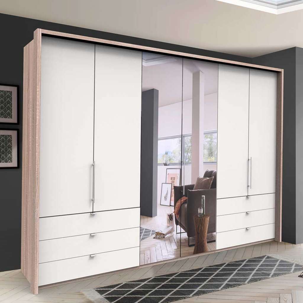 Schlafzimmerschrank mit Spiegel Falttüren und Schubladen glasbeschichtet