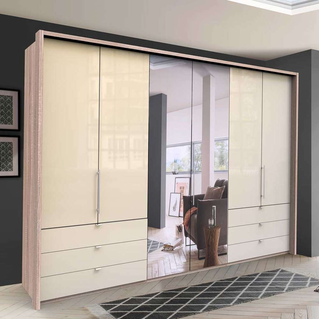 Panorama Kleiderschrank 3 türig Spiegel Schubladen glasbeschichtet