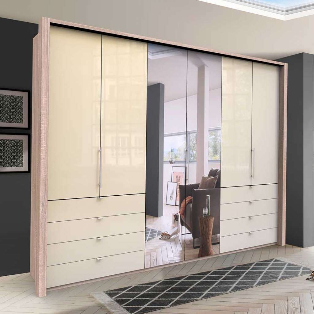 Panorama Kleiderschrank mit drei Falttüren Spiegel und Schubladen glasbeschichtet
