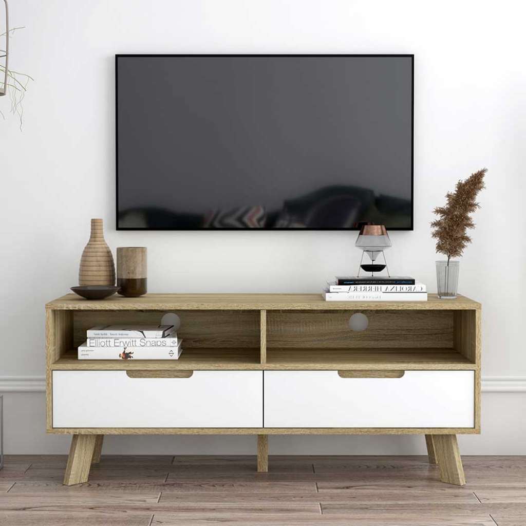 140 cm breite TV Bank in Weiß und Sonoma Eiche zwei Schubladen