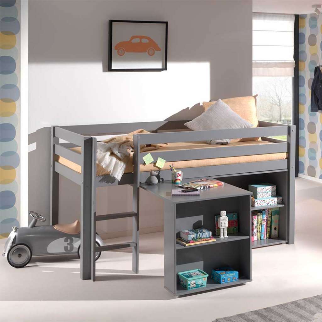 Modernes Hochbett mit Schreibtisch und Regal Grau