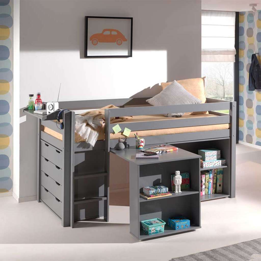 Graues Kinderhochbett aus Kiefer Massivholz viel Staurraum