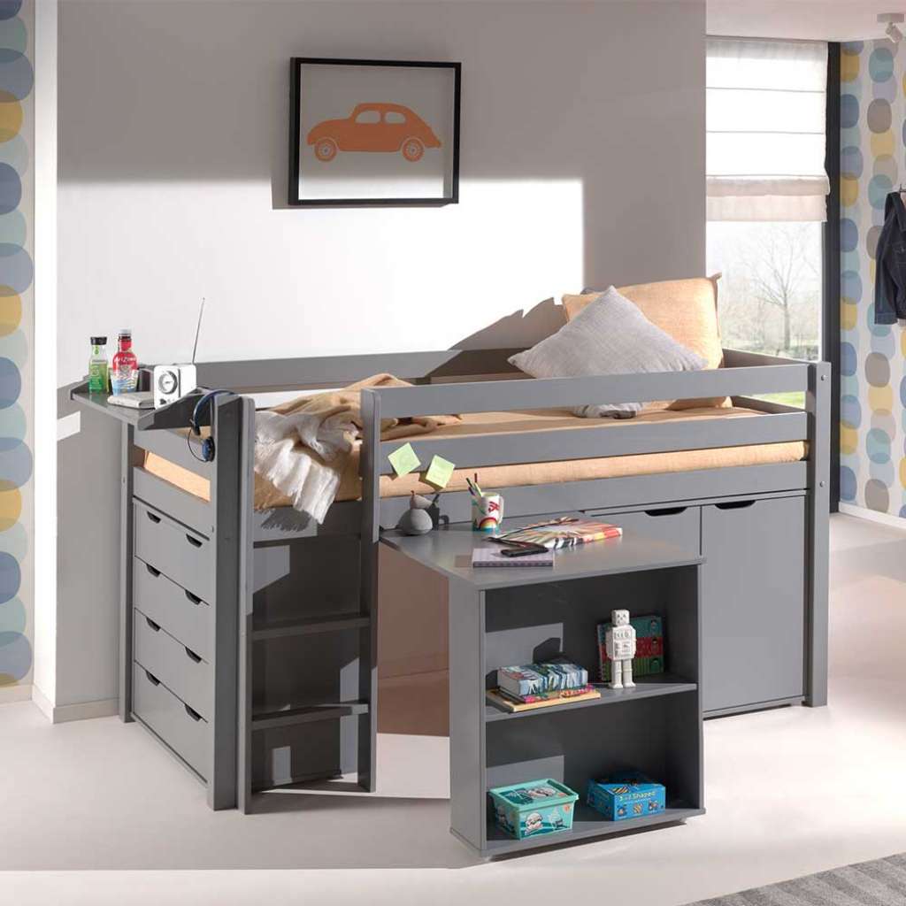 Kinderhochbett mit Schreibtisch Kommode Schrank Hängeregal Grau