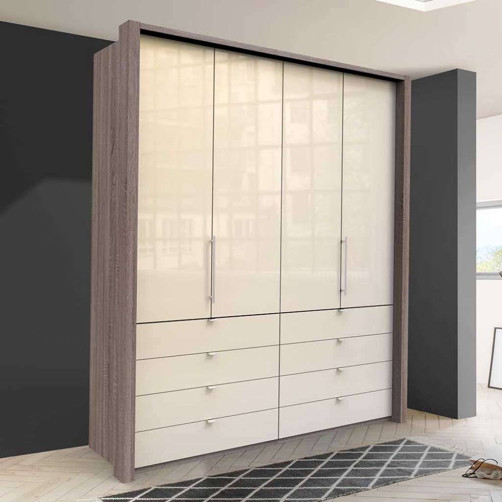 Gleittüren Kleiderschrank glasbeschichtet acht Schubladen