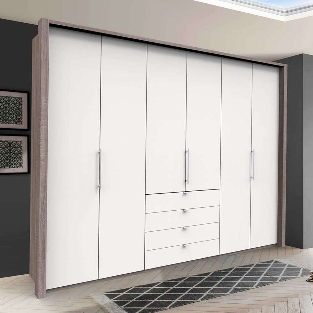 Schlafzimmerkleiderschrank mit Falttüren und Schubladen Weiß Eiche Trüffelfarben