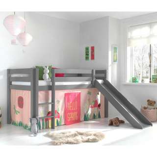 Hochbett mit Rutsche und Spielvorhang Grau Rosa