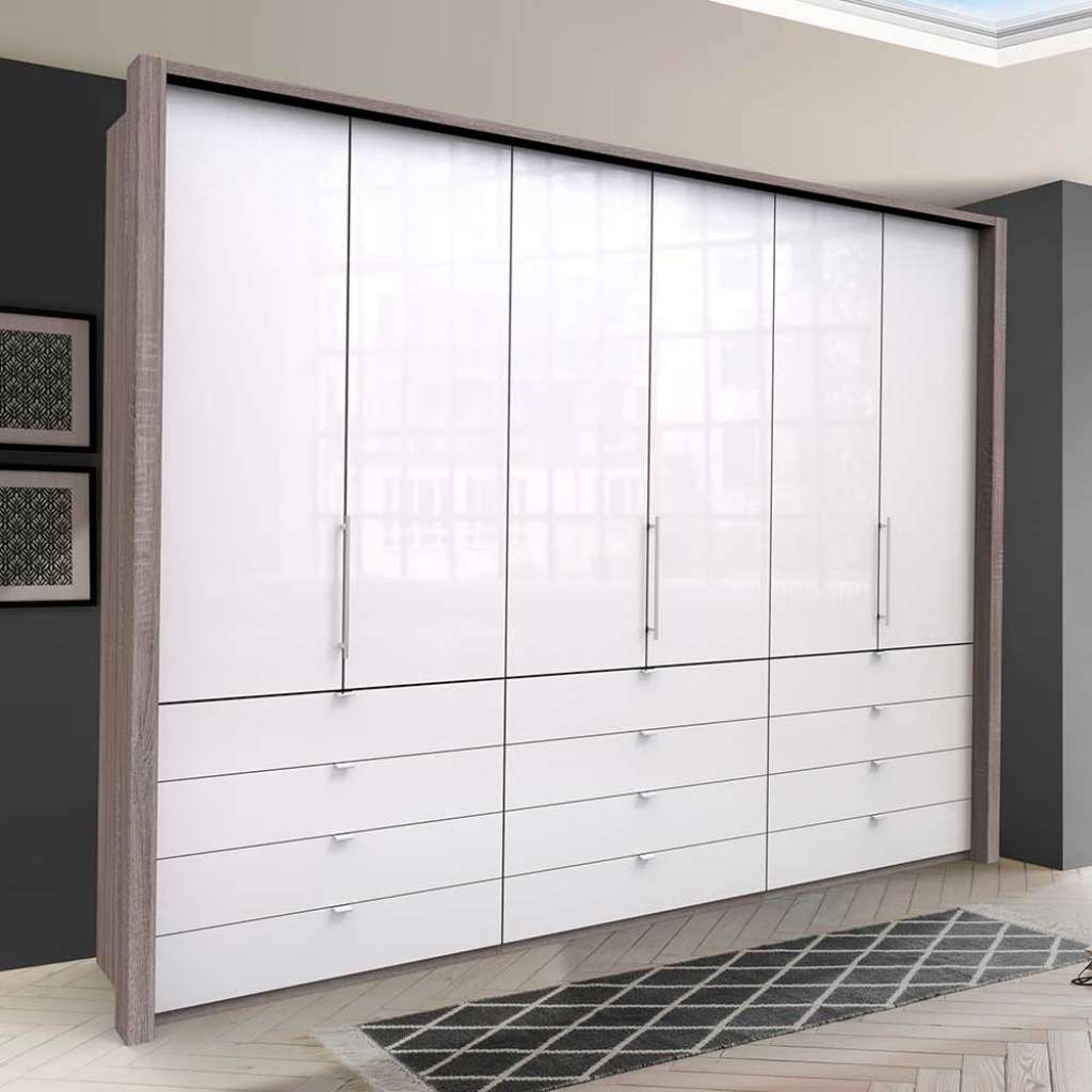 Schlafzimmerkleiderschrank mit Falttüren und Schubladen Weiß Eiche Trüffelfarben