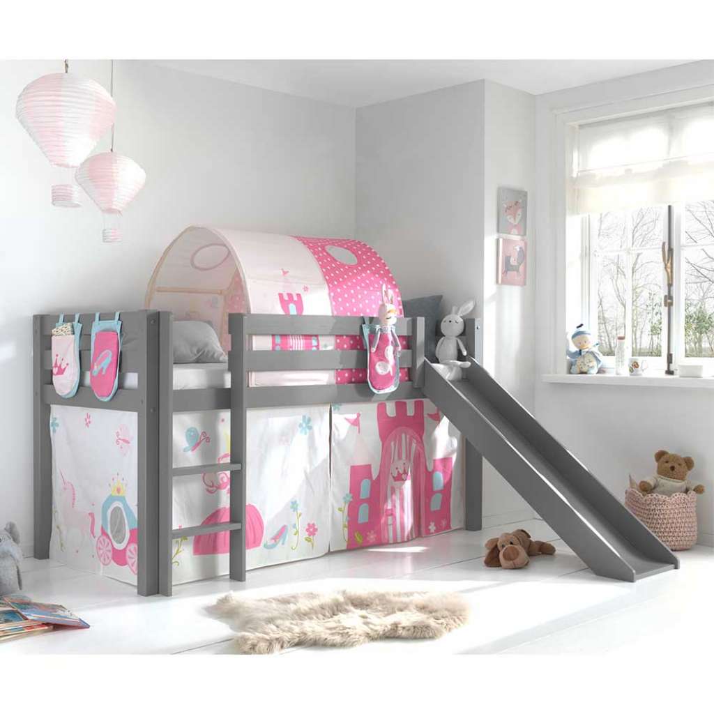 Prinzessinbett Rutsche Vorhang und Stofftunnel Grau Rosa Pink