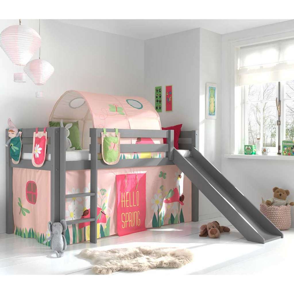 Mädchen Abenteuerbett in Grau Rosa Rutsche Stofftunnel und Vorhang