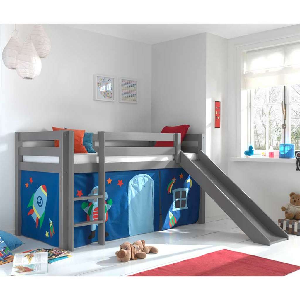 Kinderzimmerbett in Grau und Blau Rutsche und Vorhang