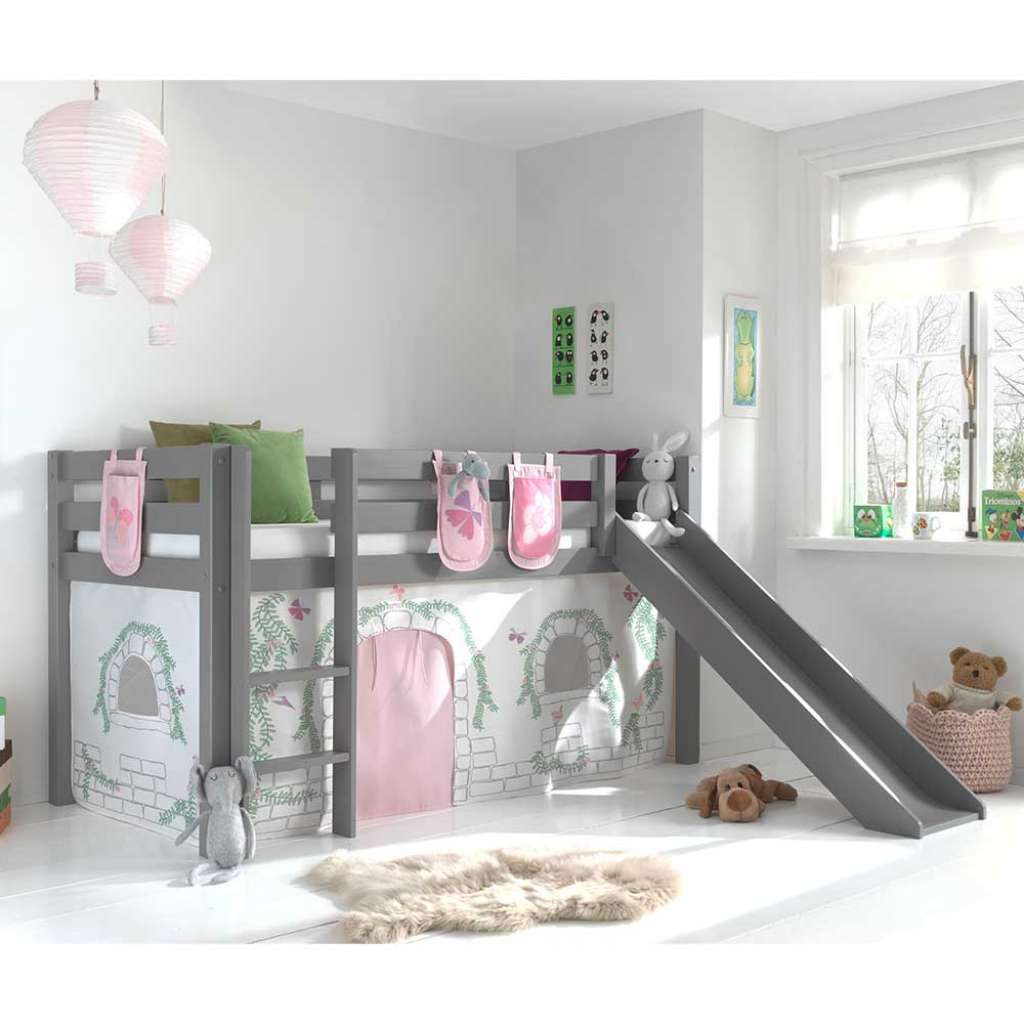 Mädchen Spielbett in Grau und Rosa Leiter und Vorhang