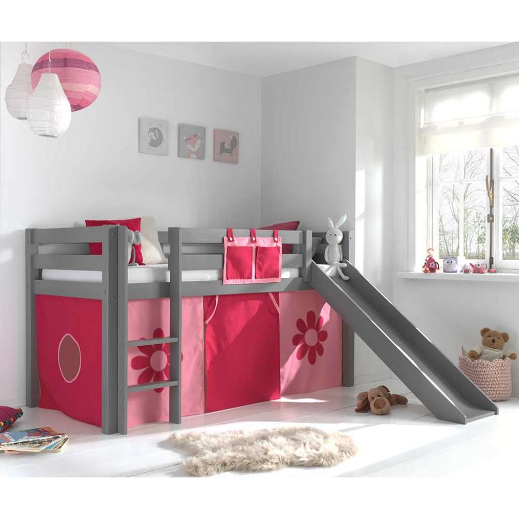 Mädchen Kinderzimmerbett in Grau Rosa Pink Blumen Motiv