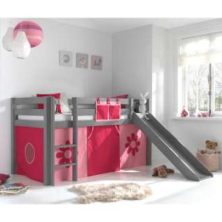 Mädchen Kinderzimmerbett in Grau Rosa Pink Blumen Motiv