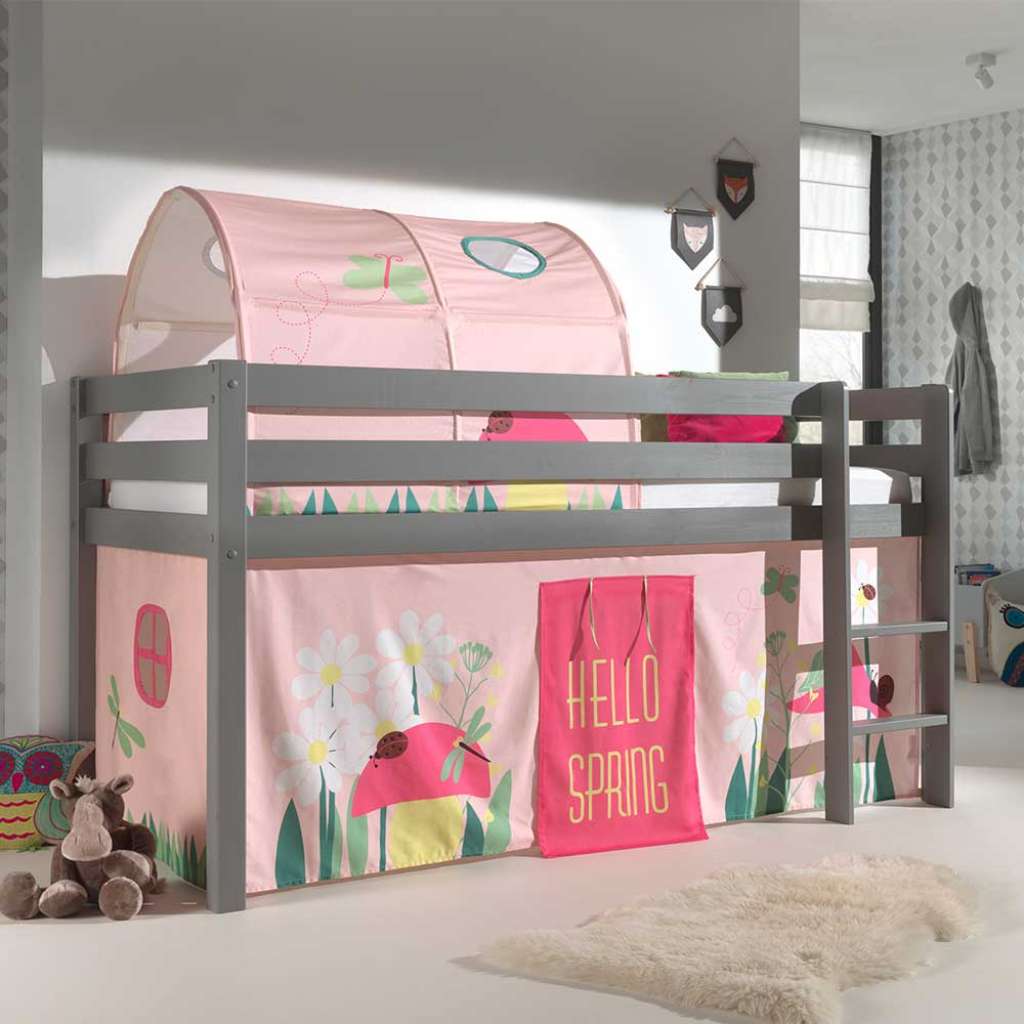 Mädchen Spielhochbett in Grau und Rosa Blumen Motiv