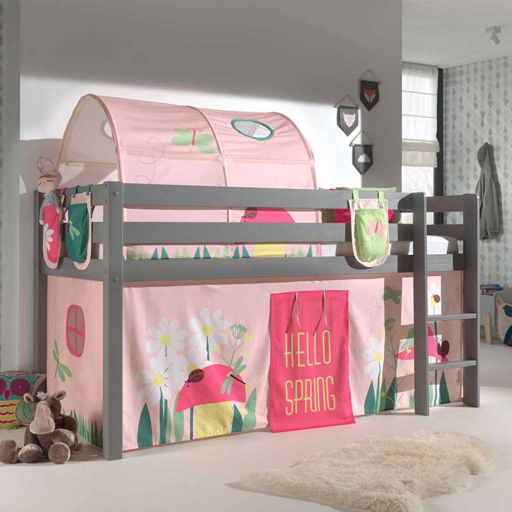 Mädchen Spielbett in Grau und Rosa Leiter und Stofftunnel