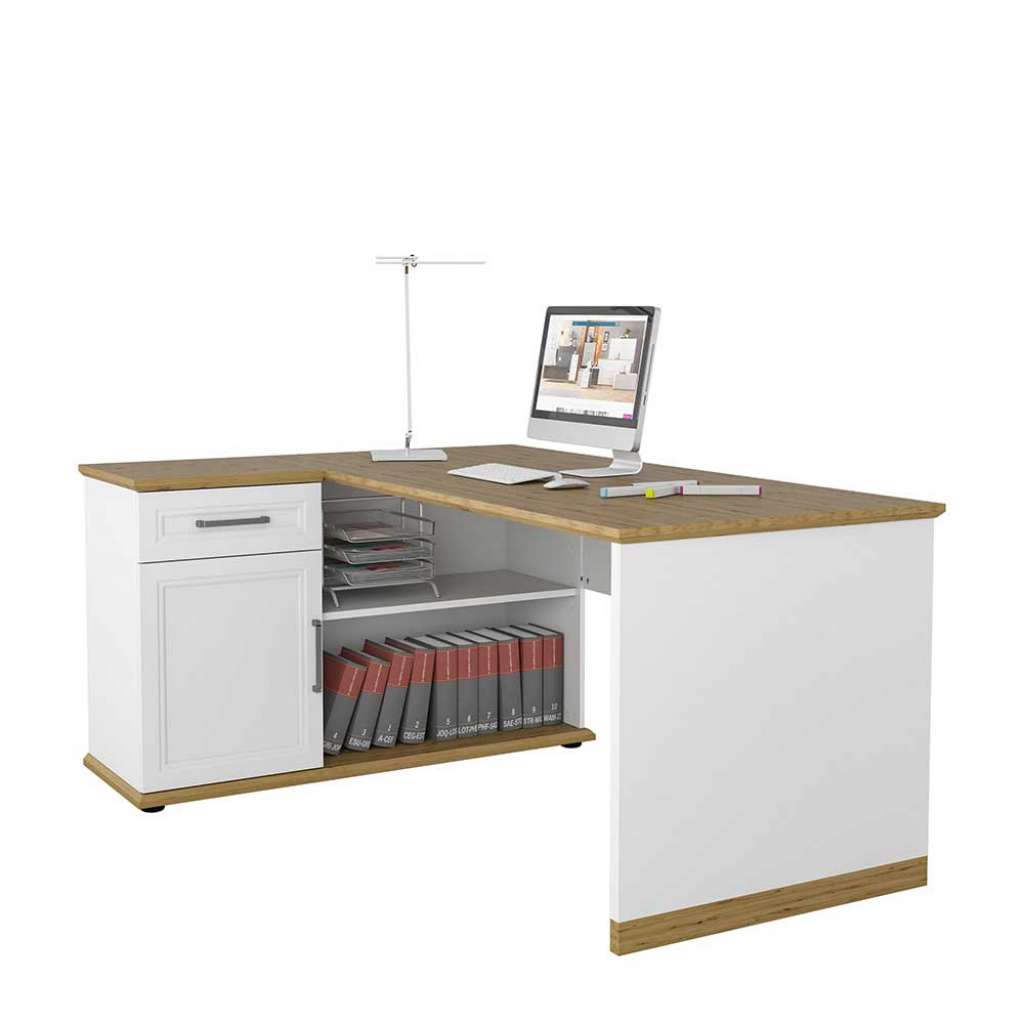 Landhaus Schreibtisch in Weiß und Asteichefarben melaminbeschichtet